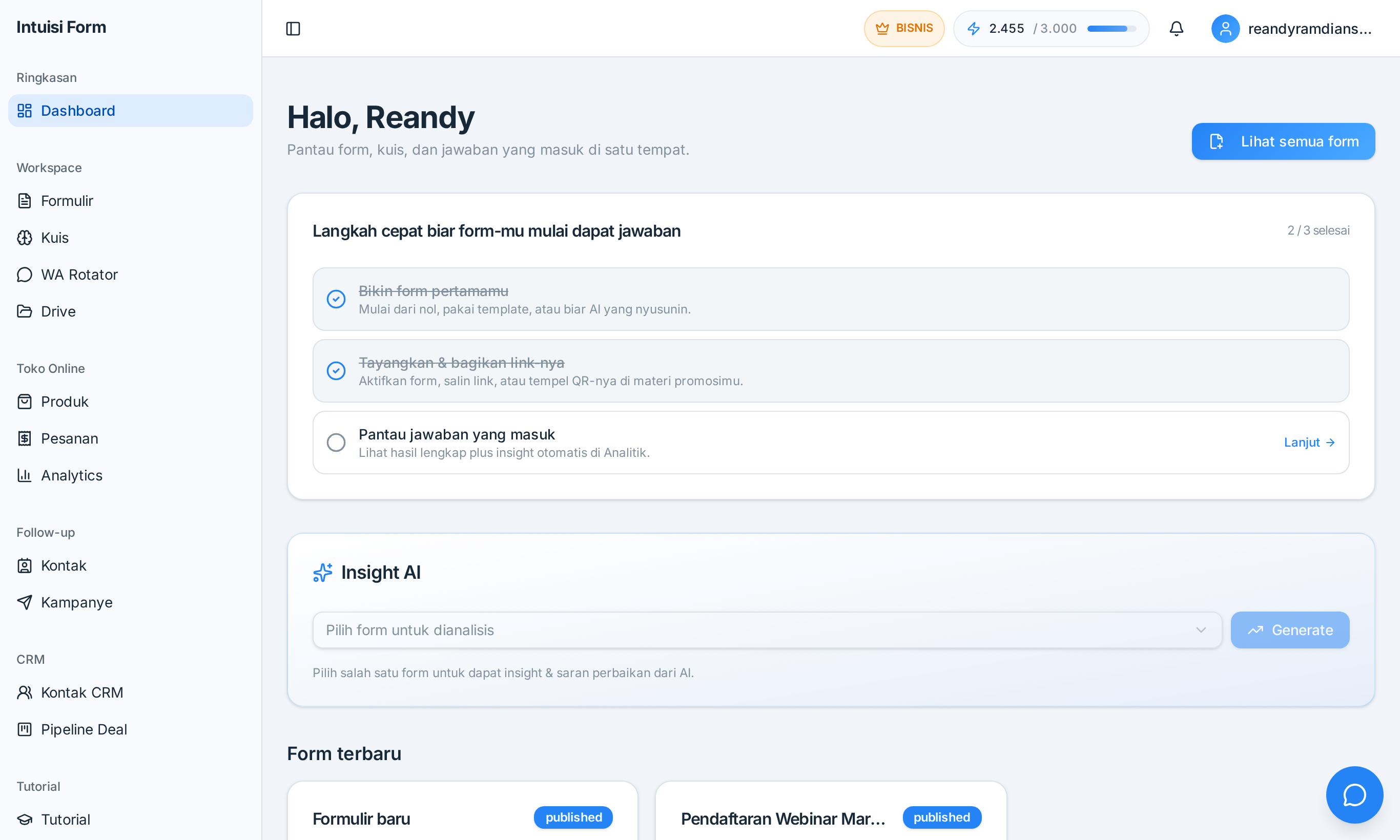 Cuplikan Dashboard Ringkas Intuisi Form